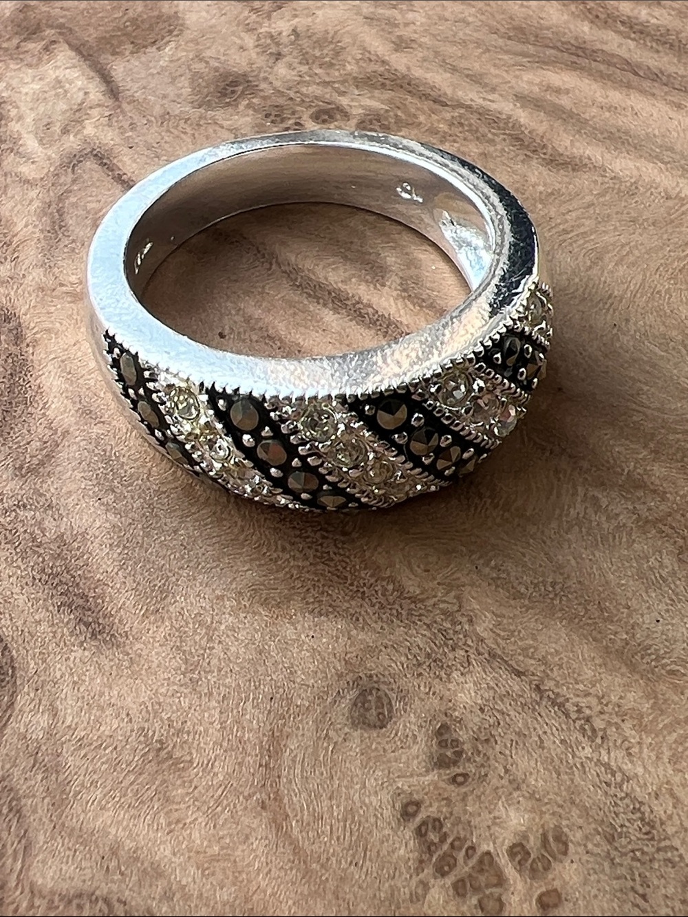 Marsala Thailand Black and White striped Statement Ring with Marcasite